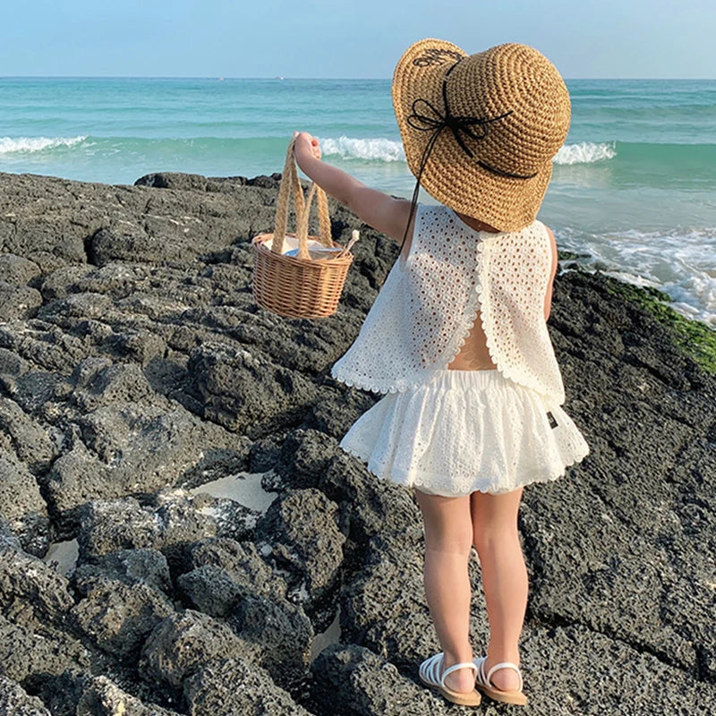 Girls 2024 Summer Clothing Sets Hollow Lace Suit Baby Casual